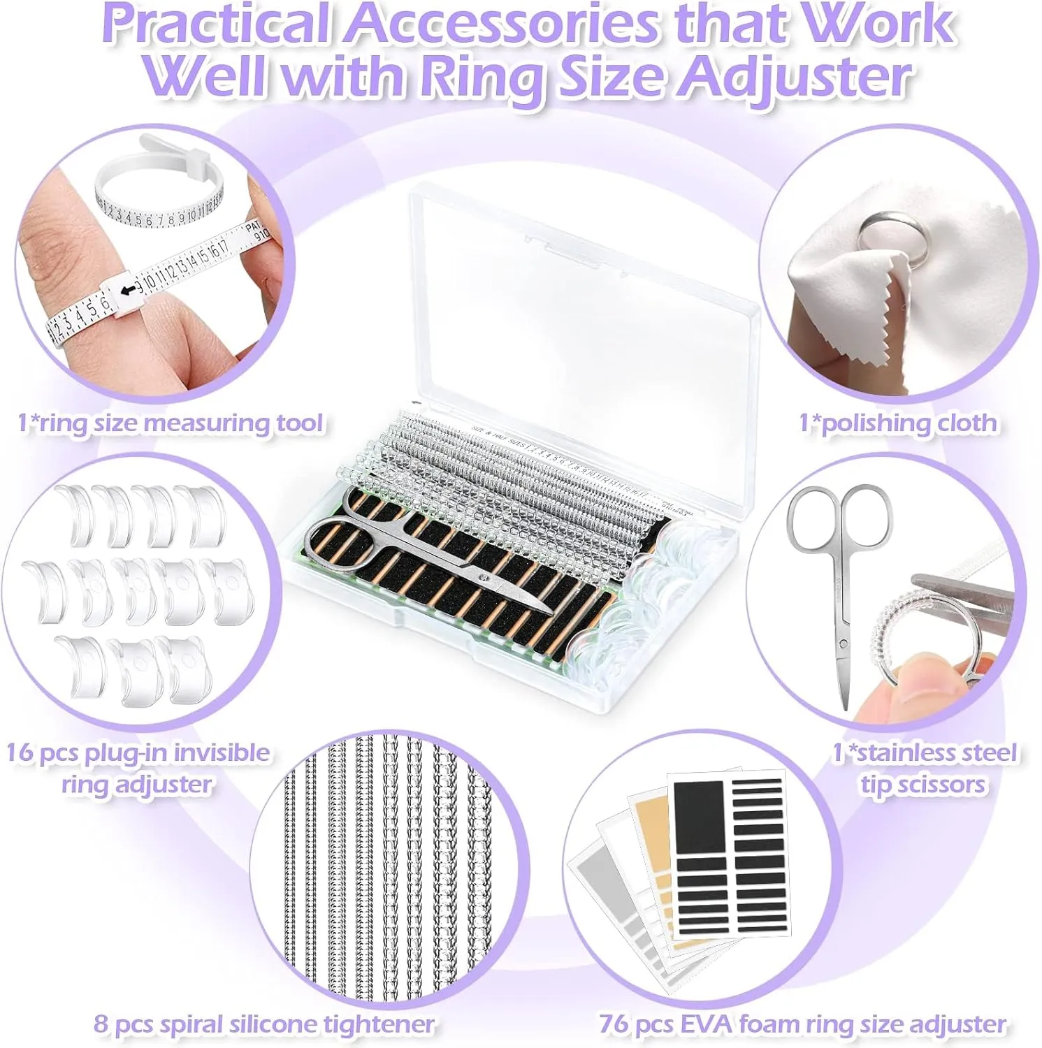 100 Pcs Ring Sizer Adjuster for Loose Rings with Ring Size Measuring Tool, Plug-in Invisible Ring Guards Silicone Tightener EVA Foam Ring Size Adjuster Set with Polishing Cloth