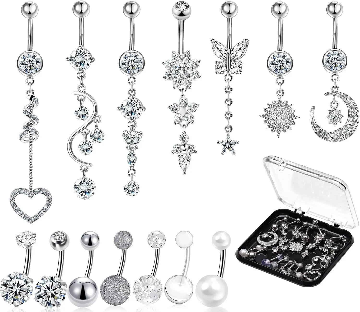 14 PCS Belly Button Rings for Women, 14G Long Dangle Navel Ring Screw Bar Design Body Piercing Jewelry Belly Rings Gifts