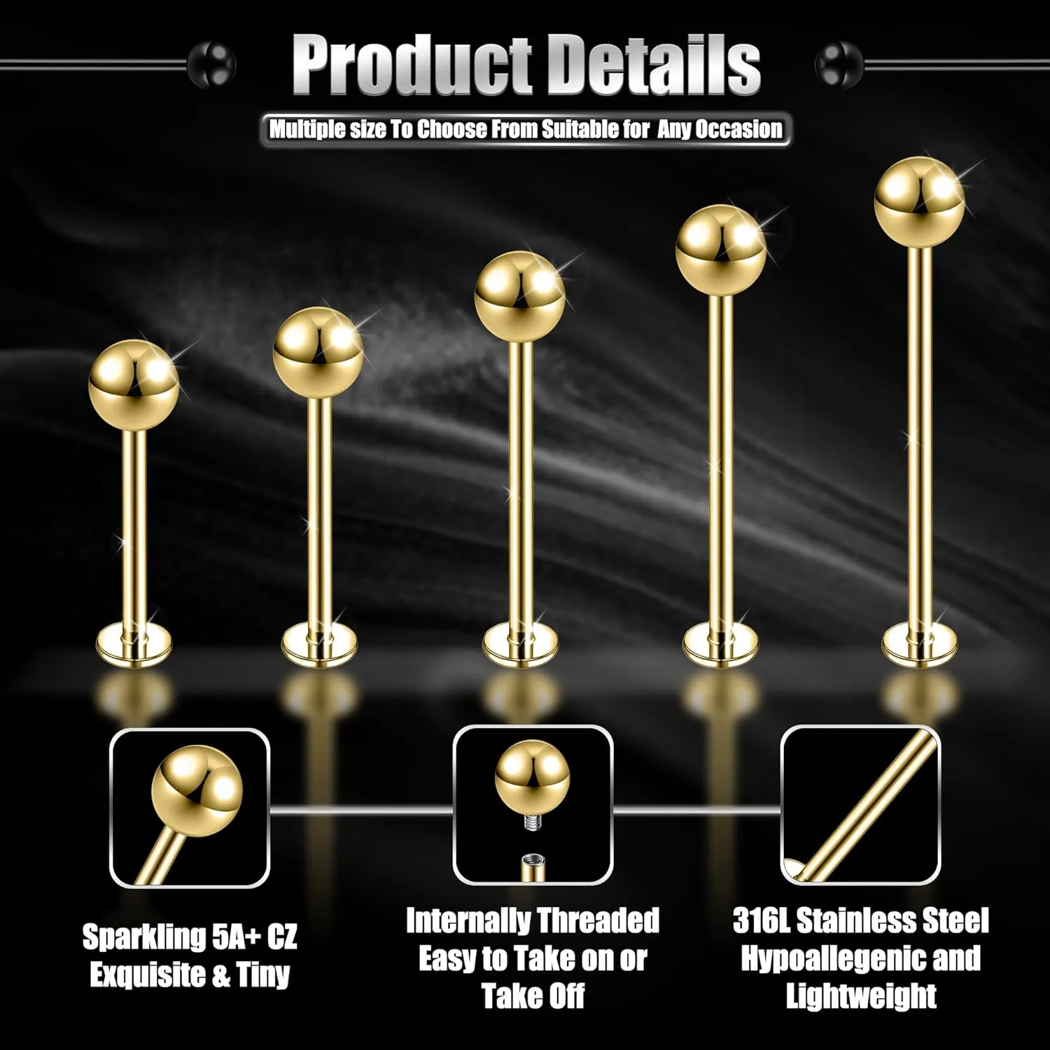 16G Labret Cheek Tongue Rings Surgical Stainless Steel Monroe Lip Piercing Jewelry Barbell Ring Kits Ultra-long Bar Length 14mm/16mm/19mm/22mm/25mm