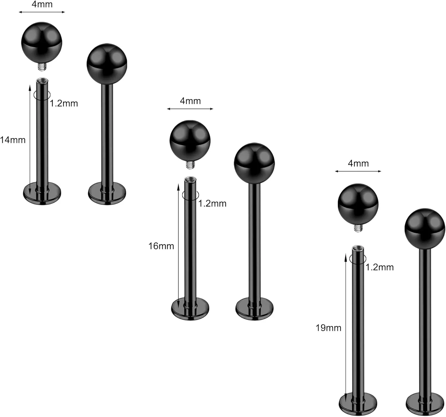 16G Labret Cheek Tongue Rings Surgical Stainless Steel Monroe Lip Piercing Jewelry Barbell Ring Kits Ultra-long Bar Length 14mm/16mm/19mm/22mm/25mm