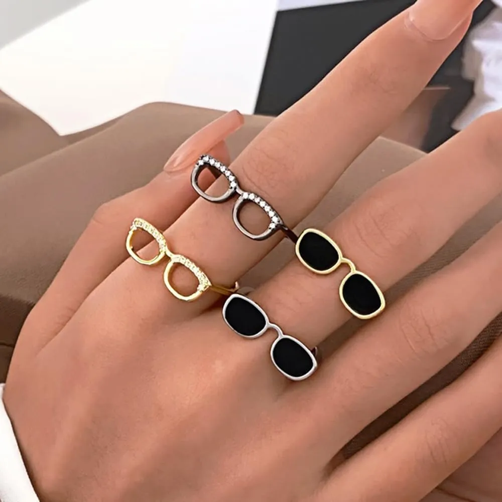2Pcs Rhinestone Glasses Open Rings Set,Cute Crystal Love Heart Eyeglasses Finger Rings Jewelry for Women Men Couple Gifts