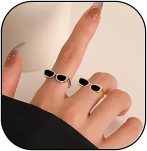 2Pcs Rhinestone Glasses Open Rings Set,Cute Crystal Love Heart Eyeglasses Finger Rings Jewelry for Women Men Couple Gifts
