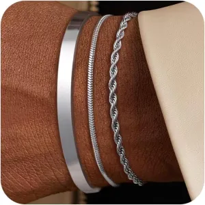 3 Pcs Chain Braclet for Men, Dainty Stackable Sterling Silver Bracelet for Men Non Tanish Simple Cuff Snake Rope Link Chain Bangle Bracelet Set for Mens Jewelry 6.5/7/7.5/8/8.5/9 Inches