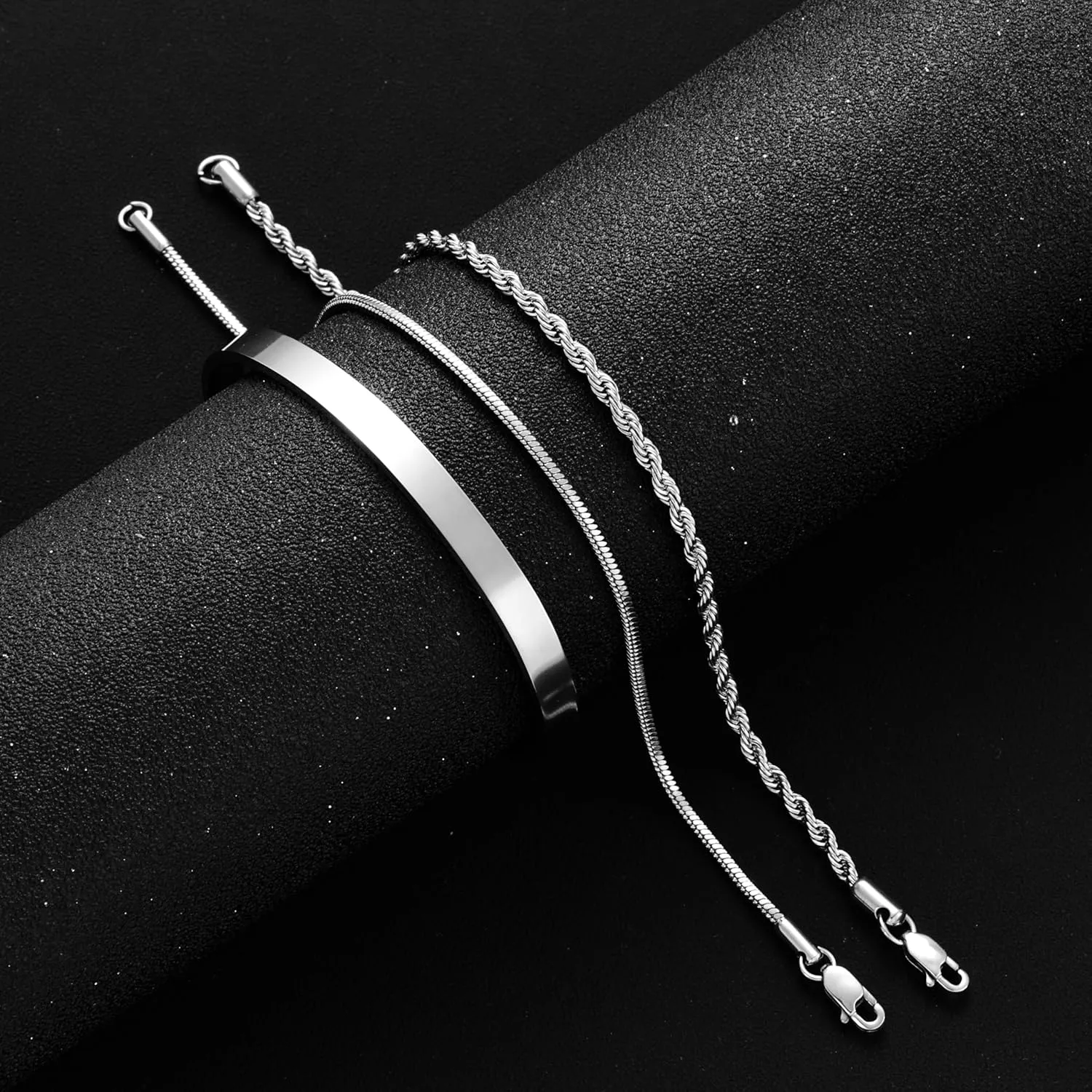3 Pcs Chain Braclet for Men, Dainty Stackable Sterling Silver Bracelet for Men Non Tanish Simple Cuff Snake Rope Link Chain Bangle Bracelet Set for Mens Jewelry 6.5/7/7.5/8/8.5/9 Inches