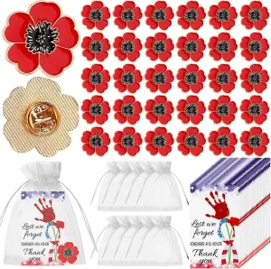 30 Sets Memorial Day Poppy Flower Lapel Pins Thank You Card Organza Bag Patriotic Fallen Soldiers Red Flowers Enamel Brooch Pin for Veterans day Remembrance Day Party Favor Souvenirs