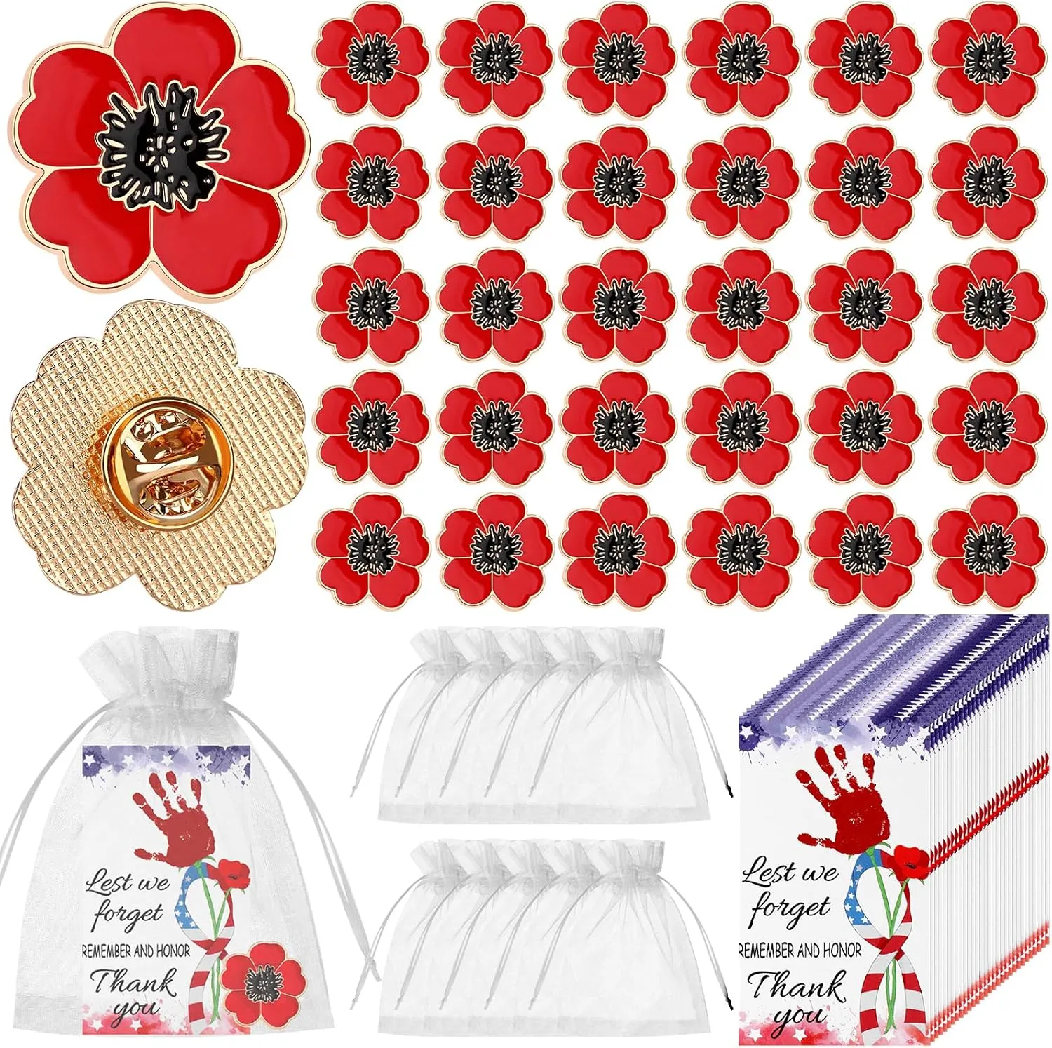 30 Sets Memorial Day Poppy Flower Lapel Pins Thank You Card Organza Bag Patriotic Fallen Soldiers Red Flowers Enamel Brooch Pin for Veterans day Remembrance Day Party Favor Souvenirs
