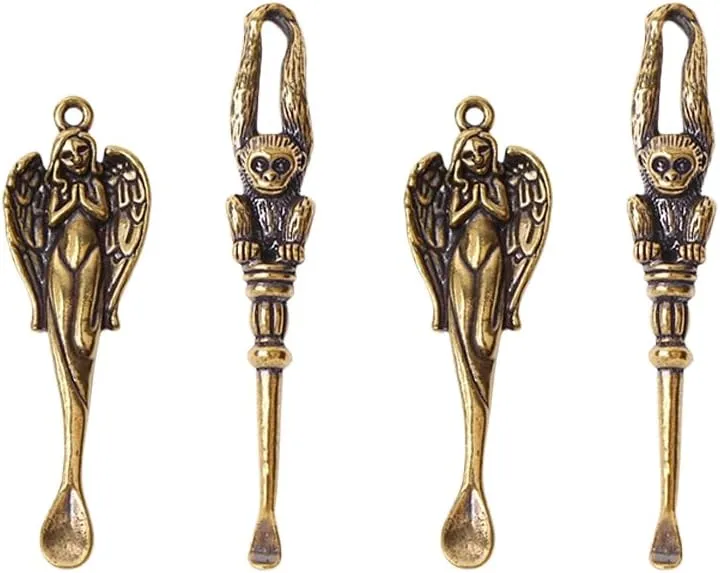 4Pcs Vintage Mini Brass Spoon Shovel Medicine Spoon Wax Tool Ear Cleaning Tool Charm Dangles KeyChain Necklace Accessories Pendant