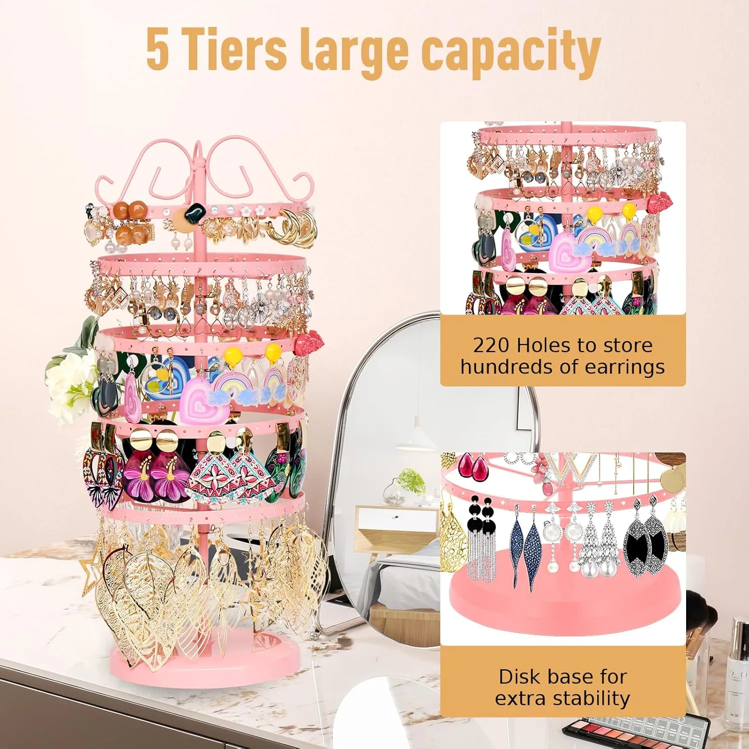 5 Tiers 360 Rotating Earring Holder Organizer Stand,220 Holes Stud Earring Organizers and StorageJewelry Organizers and Storage,Earring Tree Organizer for Women