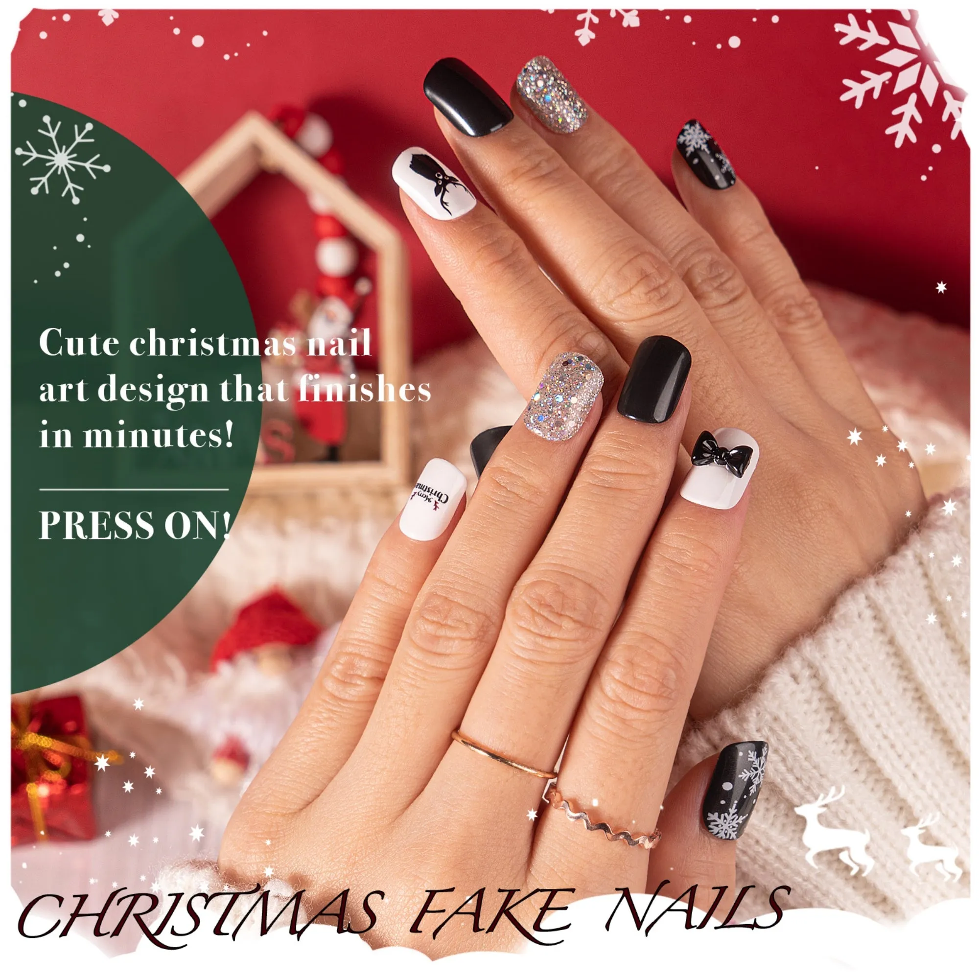 60Pcs Christmas Press on Nails Short, Square Glitter Cute Christmas Fake Nails Design