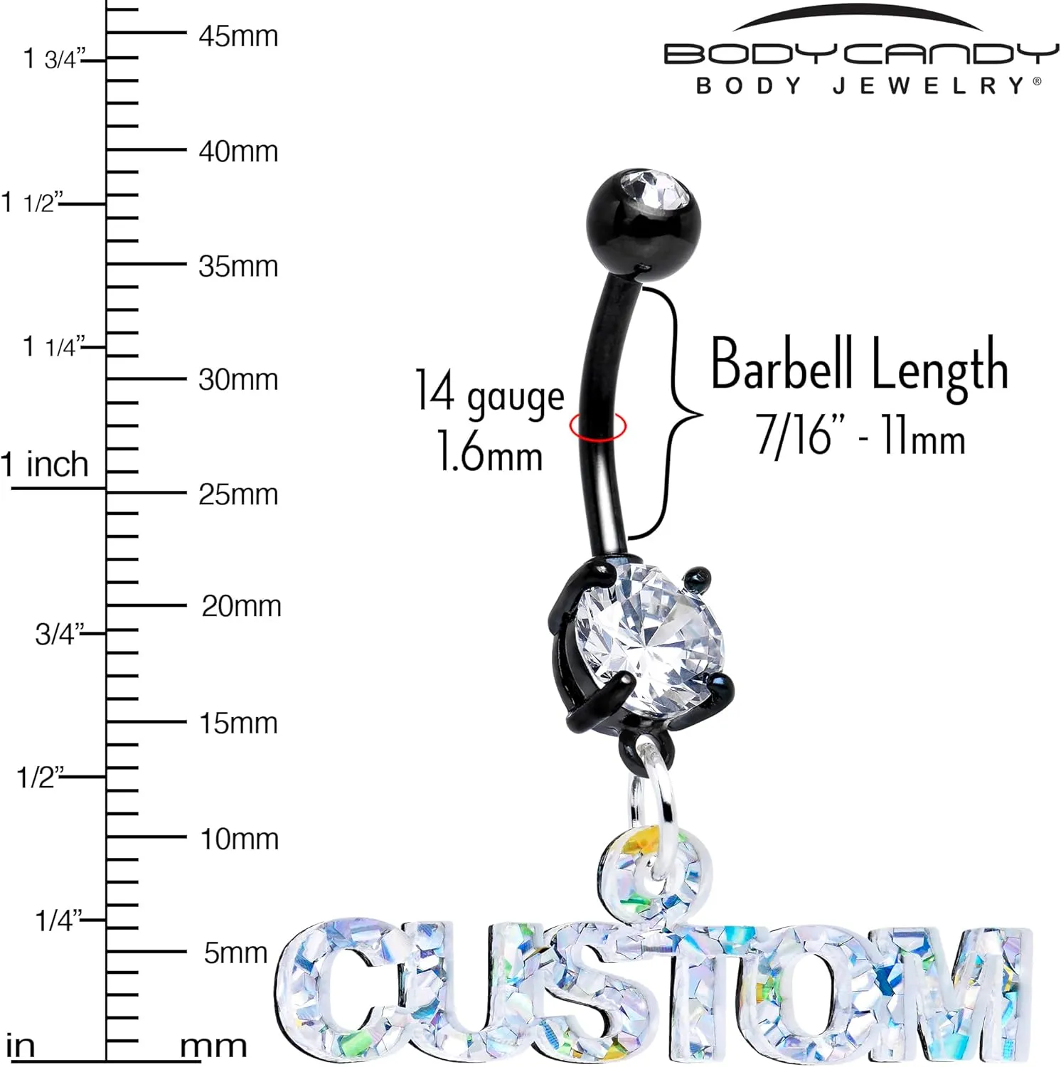 Body Candy Black Anodized Steel Customizable Lucite Acrylic Personalized Name Dangle Belly Ring