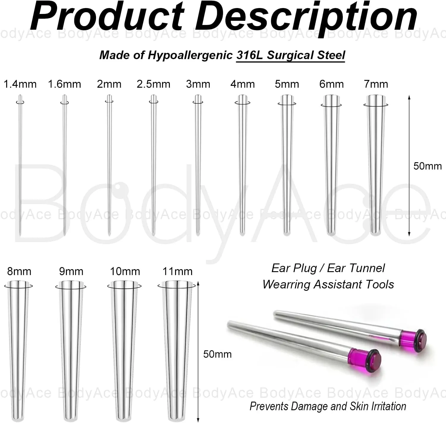 BodyAce 1pc Insertion Taper for Ear Plugs, Stainless Steel Piercing Taper Gauge Earrings Tunnel Assistant Tool, 1.4mm-11mm Ear Lobe Expander Jewelry