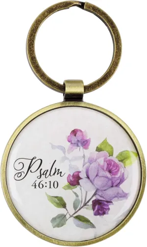 Christian Art Gifts Inspirational Scripture Brass Metal Keychain for Women: Be Still and Know - Psalm 46:10 Purple Rose Bible Verse Keychain Accessory with Split Metal Key Ring in Gift Tin, Car Keys