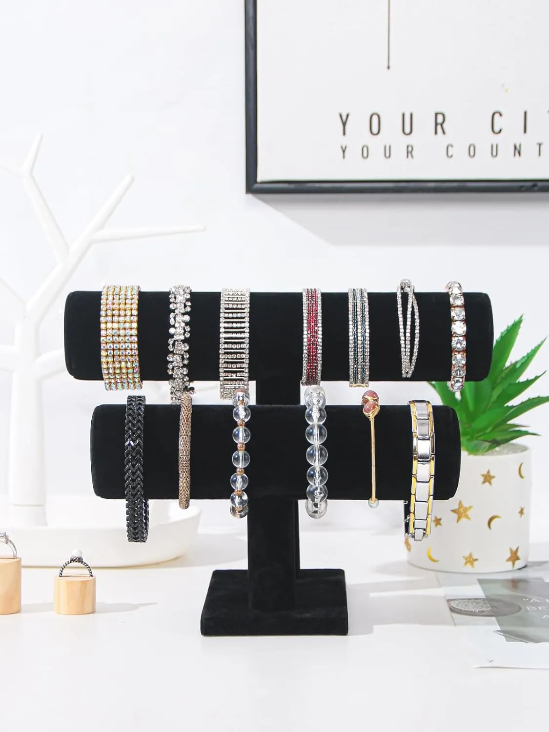 Coward 2 Tier Bracelet Holder Jewelry Display Stand, Necklace Bangle Bracelet Watch Organizer Storage Rack, Jewelry Show Tower for Women (Black Velvet)