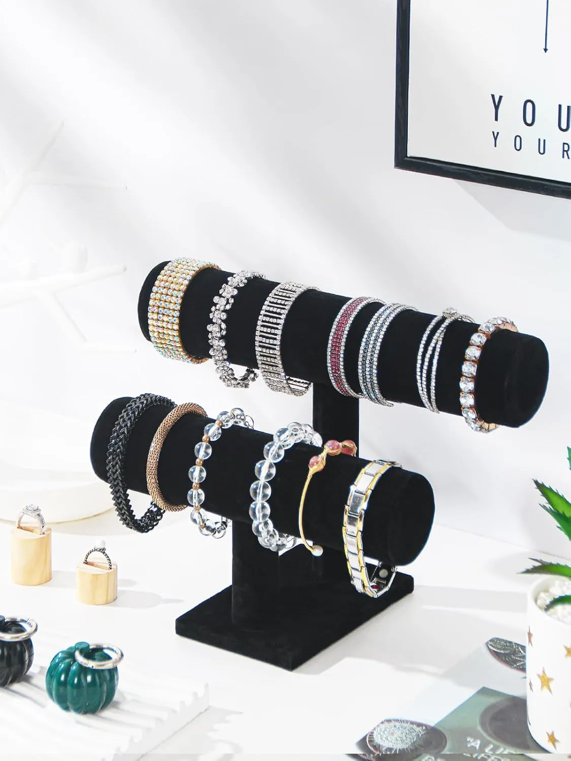 Coward 2 Tier Bracelet Holder Jewelry Display Stand, Necklace Bangle Bracelet Watch Organizer Storage Rack, Jewelry Show Tower for Women (Black Velvet)