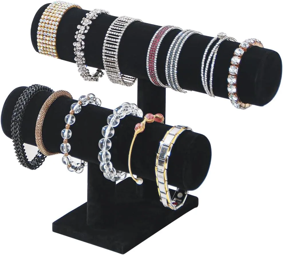 Coward 2 Tier Bracelet Holder Jewelry Display Stand, Necklace Bangle Bracelet Watch Organizer Storage Rack, Jewelry Show Tower for Women (Black Velvet)