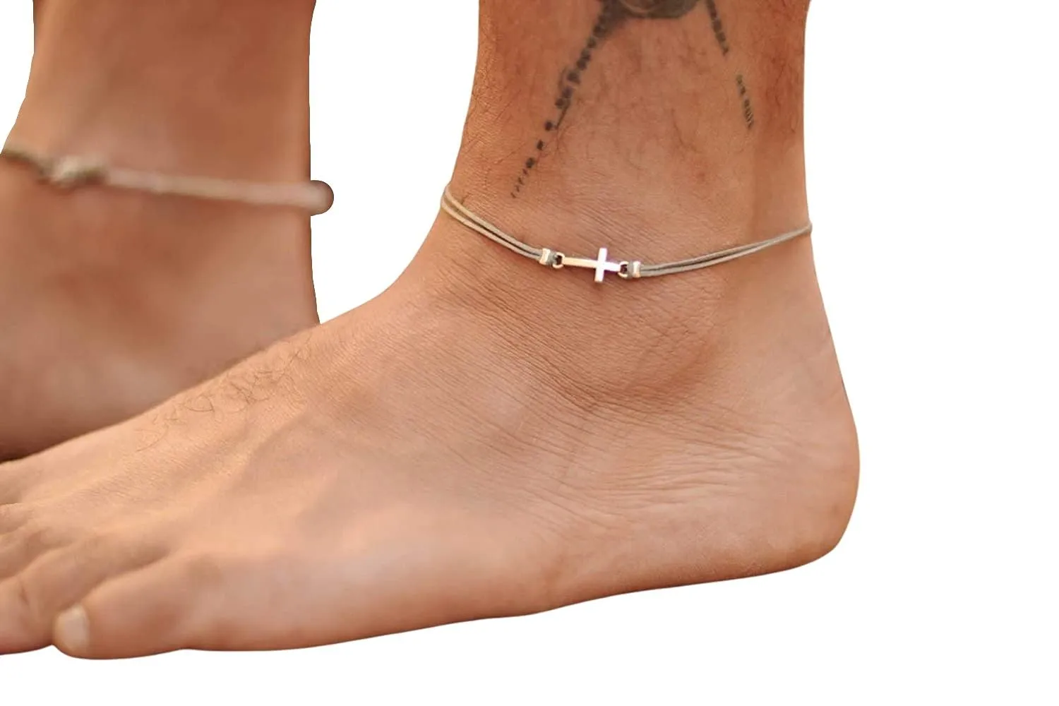 Cross anklet for men, men's anklet with silver cross charm, gray cord, gift for boyfriend, men's ankle bracelet, christian catholic jewelry