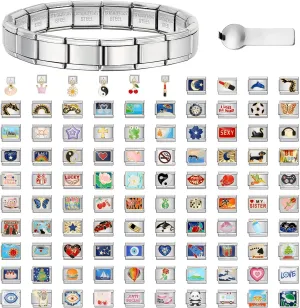 Custom Italian Charm Bracelet - 10 Personalized Charms, Stainless Steel, Silver, 6.75' Adjustable Link Bracelet with Tool - Moon, Star, Animals, Heart, Flowers & More