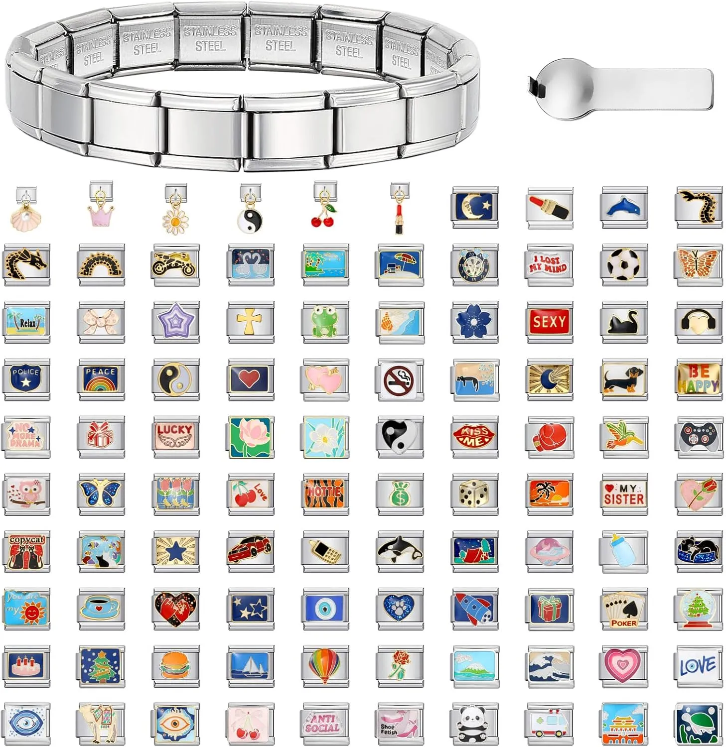 Custom Italian Charm Bracelet - 10 Personalized Charms, Stainless Steel, Silver, 6.75' Adjustable Link Bracelet with Tool - Moon, Star, Animals, Heart, Flowers & More