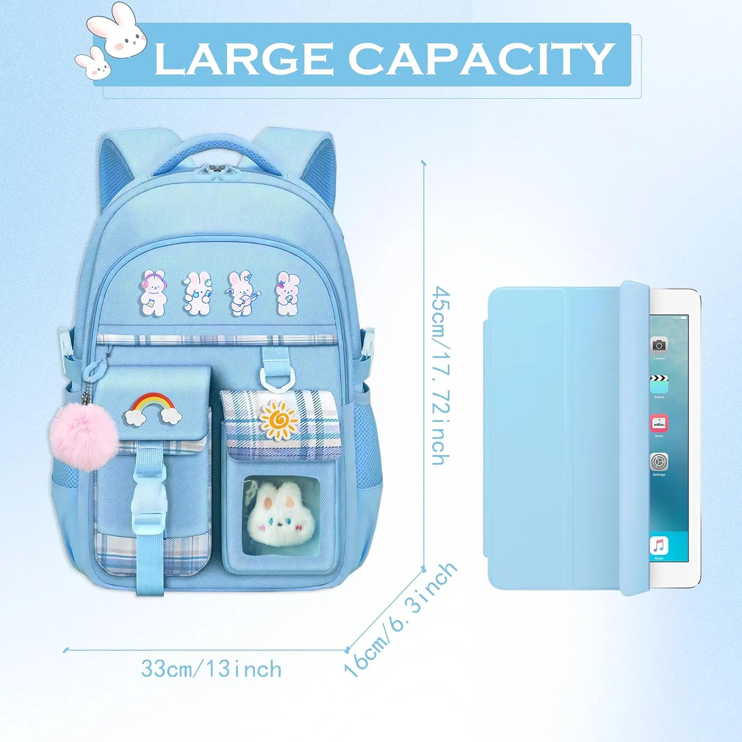 Cute Backpack School Bookbag 17 Inch with Cute Pin Accessories Plush Rabbit for Girls Teens Women Large Laptop Backpack for College High School Students, Waterproof Travel Daypack Casual Backpack
