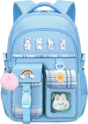 Cute Backpack School Bookbag 17 Inch with Cute Pin Accessories Plush Rabbit for Girls Teens Women Large Laptop Backpack for College High School Students, Waterproof Travel Daypack Casual Backpack