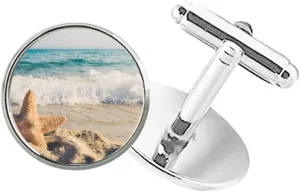 DIYthinker Ocean Sand Beach Starfish Sea Picture Round Button Cuff Clip Stud Cufflinks