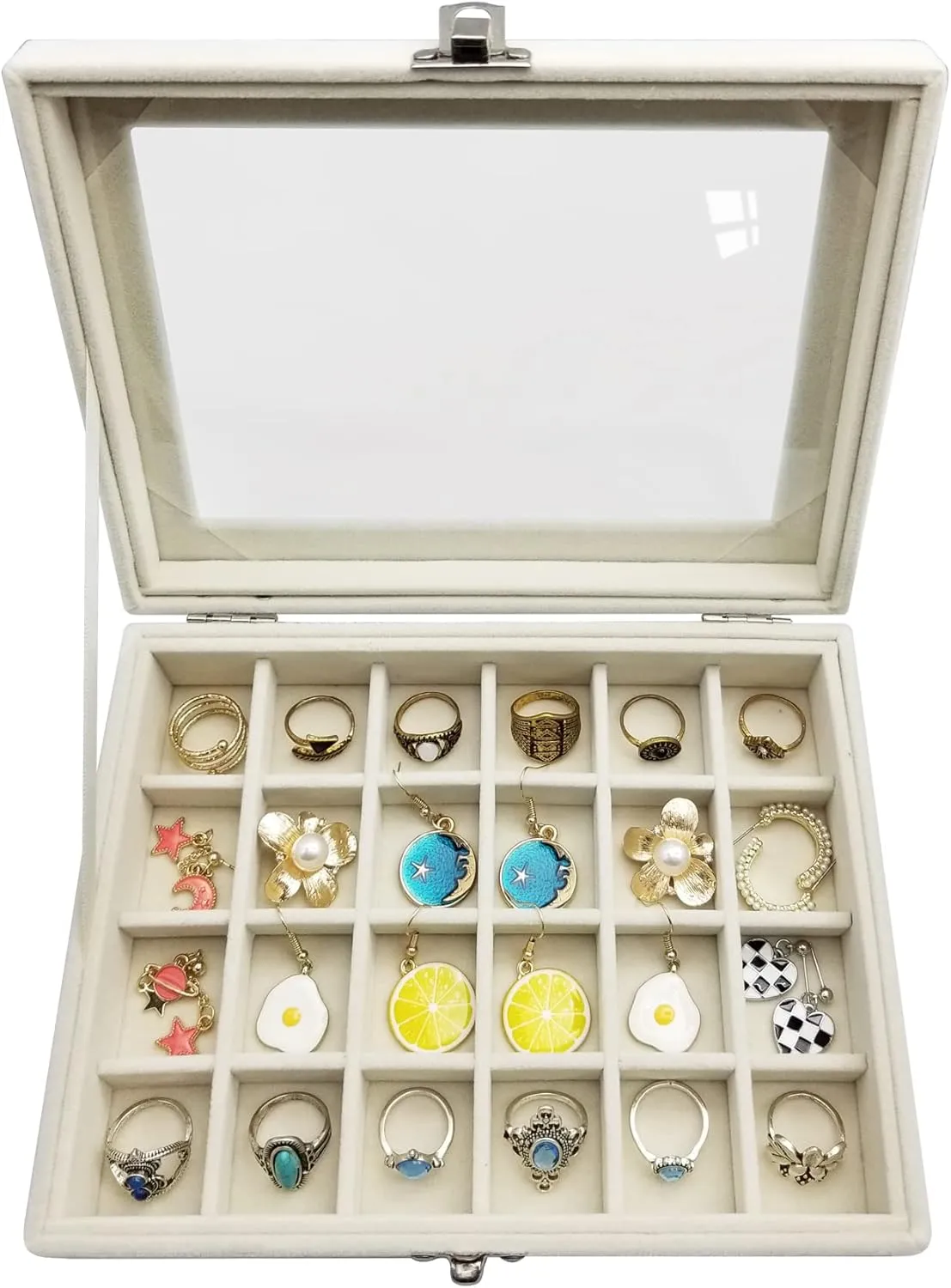 Earrings Jewelry Box,24 Grid Small Earring Organizer Box with Clear Lid,Earring Holder for Women,Girls and Teen,Beige