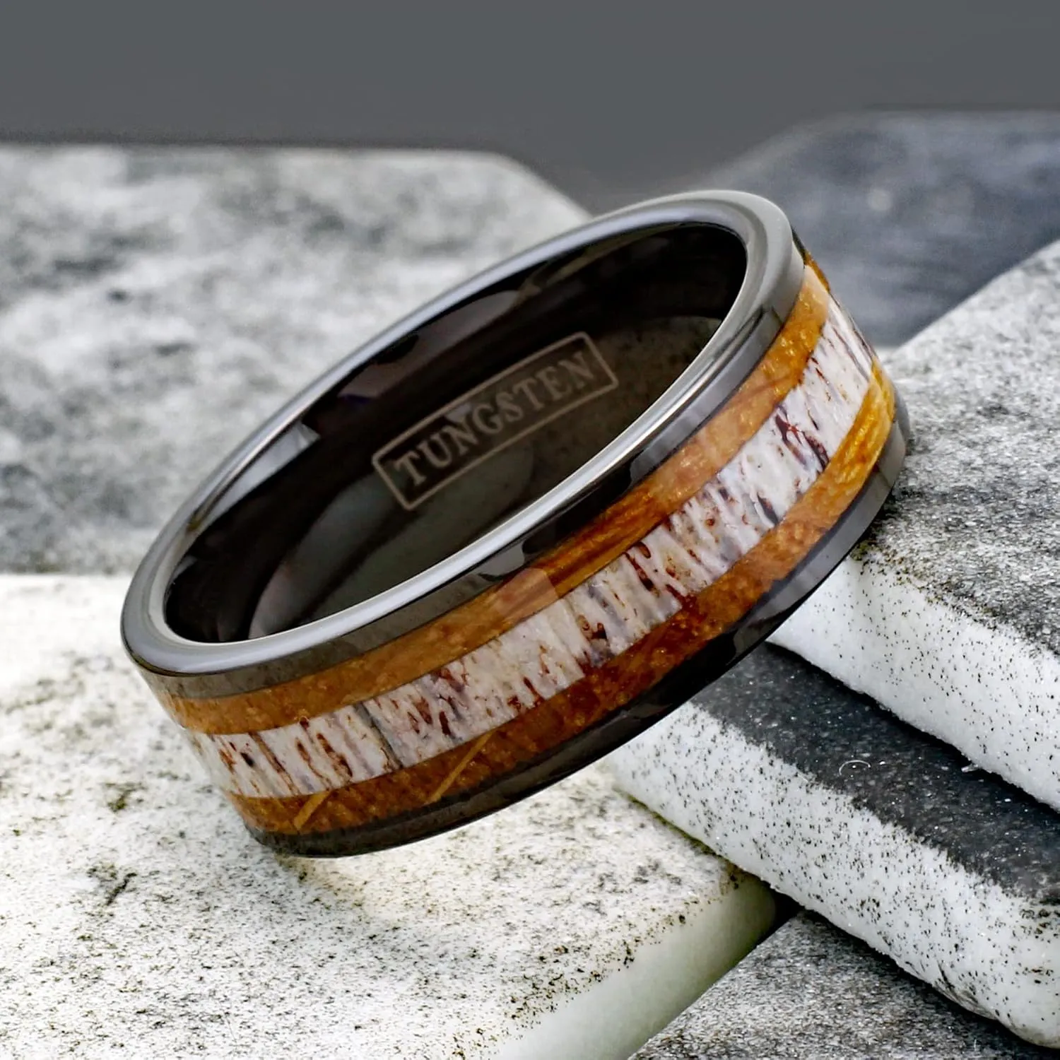 Engraved Personalized 6mm/8mm Piano Black Tungsten Carbide Flat Band Ring with Deer Antler Between Whiskey Barrel Oak Wood Inlays.