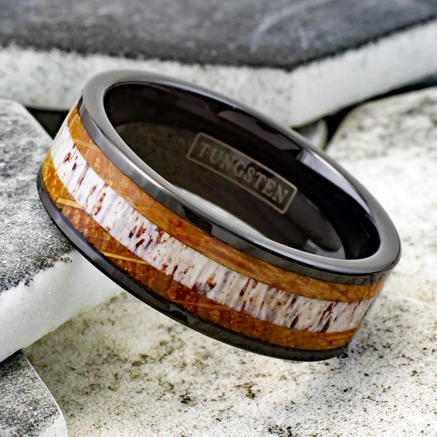 Engraved Personalized 6mm/8mm Piano Black Tungsten Carbide Flat Band Ring with Deer Antler Between Whiskey Barrel Oak Wood Inlays.