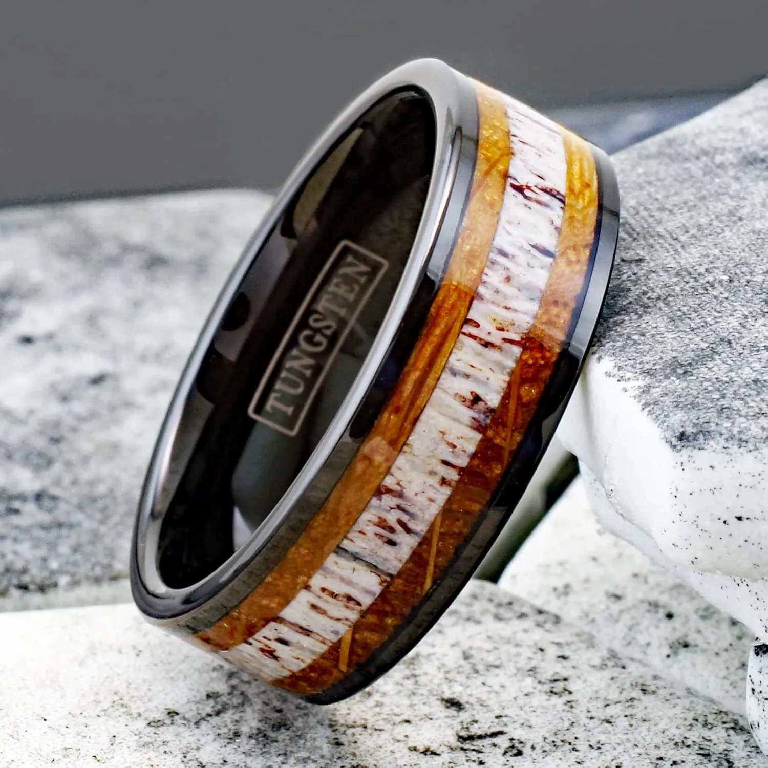Engraved Personalized 6mm/8mm Piano Black Tungsten Carbide Flat Band Ring with Deer Antler Between Whiskey Barrel Oak Wood Inlays.