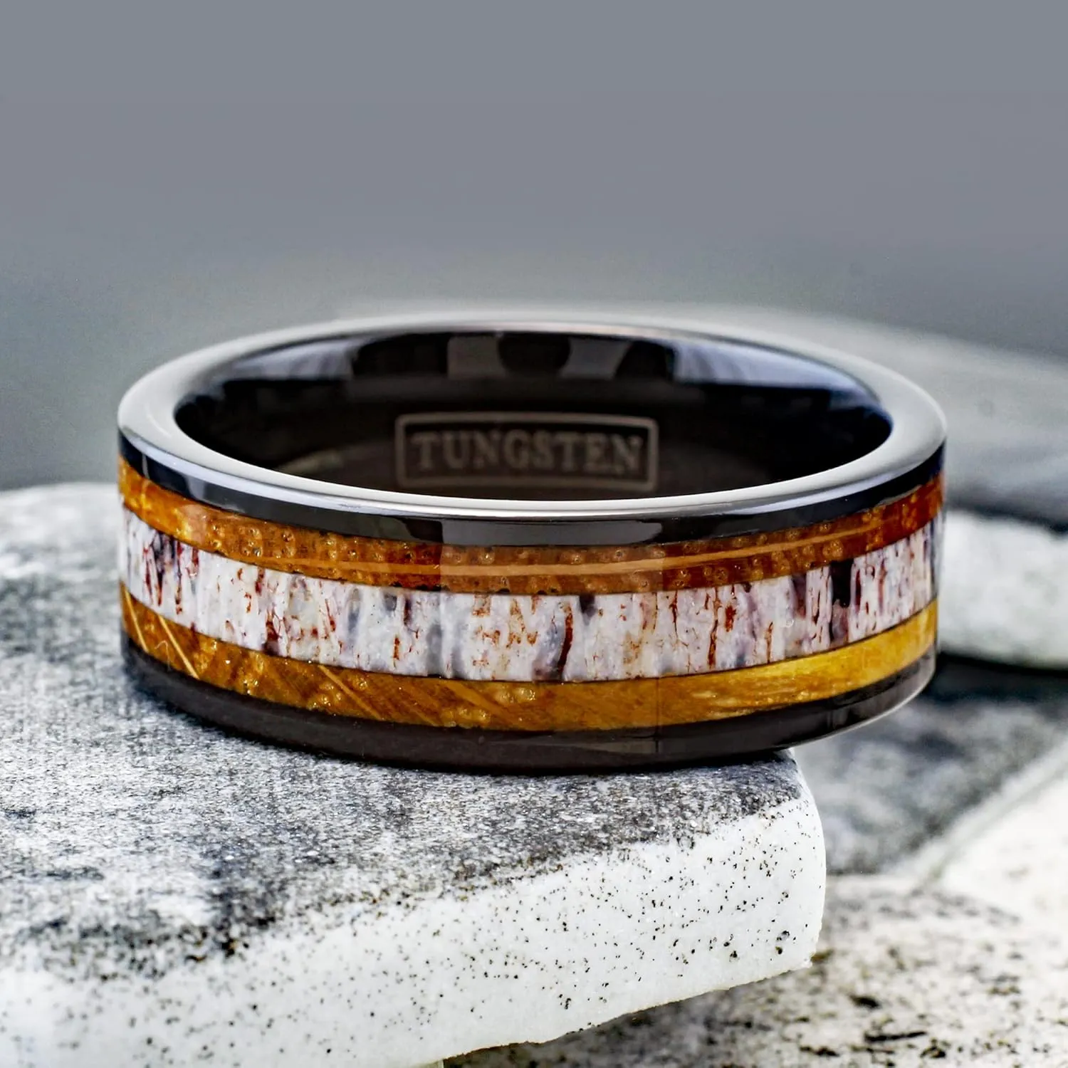 Engraved Personalized 6mm/8mm Piano Black Tungsten Carbide Flat Band Ring with Deer Antler Between Whiskey Barrel Oak Wood Inlays.