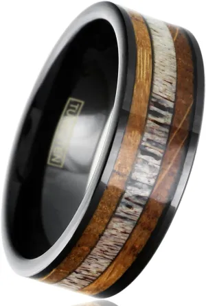 Engraved Personalized 6mm/8mm Piano Black Tungsten Carbide Flat Band Ring with Deer Antler Between Whiskey Barrel Oak Wood Inlays.