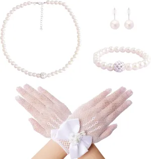 Fumwase 4 Pcs Pearl Necklace Sets for Girls Pearl Necklace Bracelet Earrings Jewelry Sets and Bow Mesh Lace Gloves Girls for Tea Party Sets Wedding Pageant Halloween Cosplay