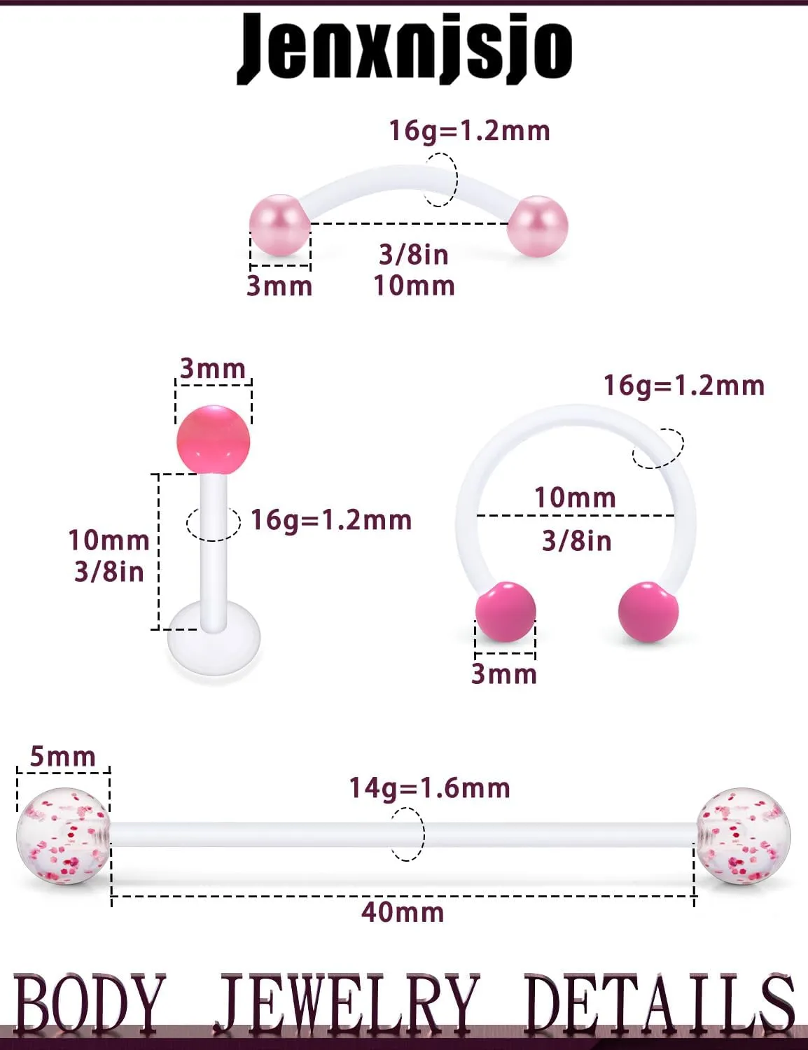 Jenxnjsjo Clear/Pink/Purple Lip Septum Rings Eyebrow Industrial Smiley Piercing Jewelry Plastic Cartilage Helix Tragus Daith Earrings Vertical Labret Medusa Retainers Kits for Surgery Work Sports