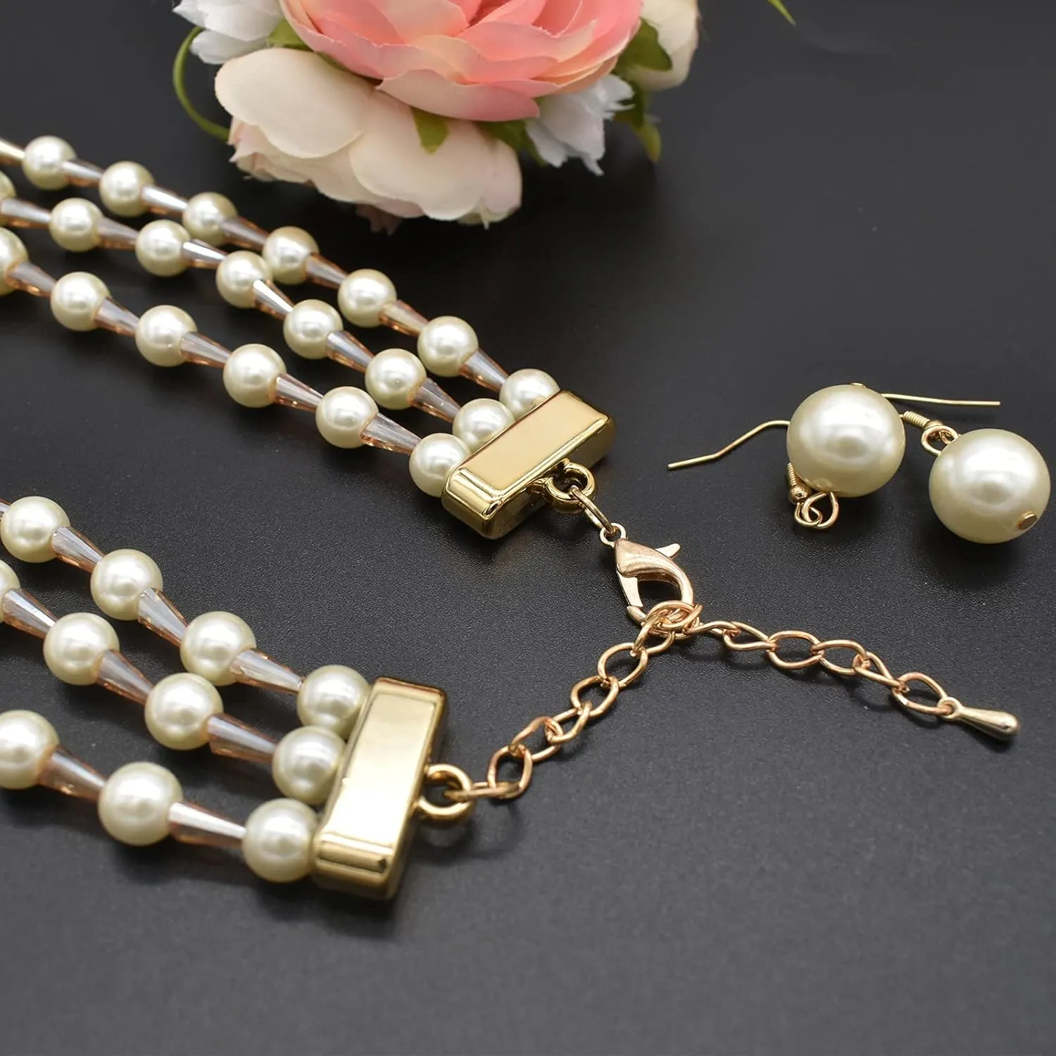 JNF Pearl Necklace for Women Crystal Rhinestone Pearl Choker Necklace and Earrings Set for Bridal Party Wedding Jewelry