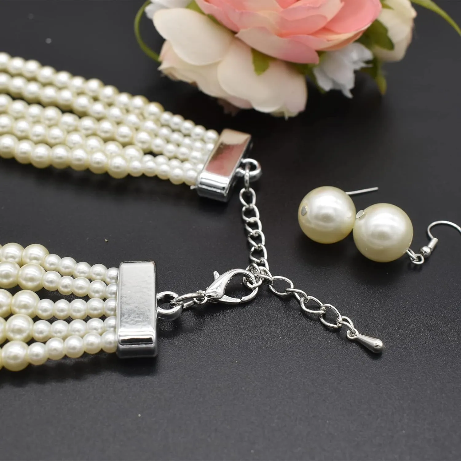 JNF Pearl Necklace for Women Crystal Rhinestone Pearl Choker Necklace and Earrings Set for Bridal Party Wedding Jewelry