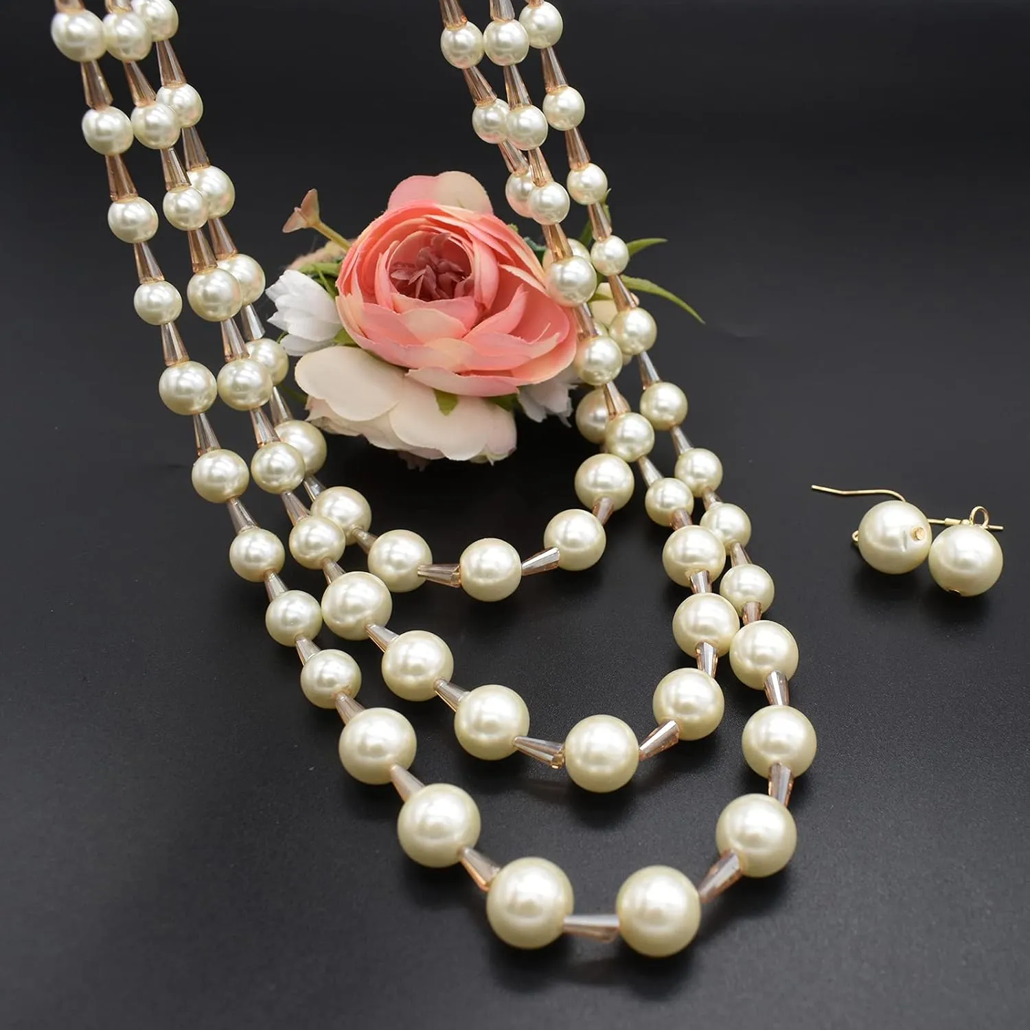 JNF Pearl Necklace for Women Crystal Rhinestone Pearl Choker Necklace and Earrings Set for Bridal Party Wedding Jewelry