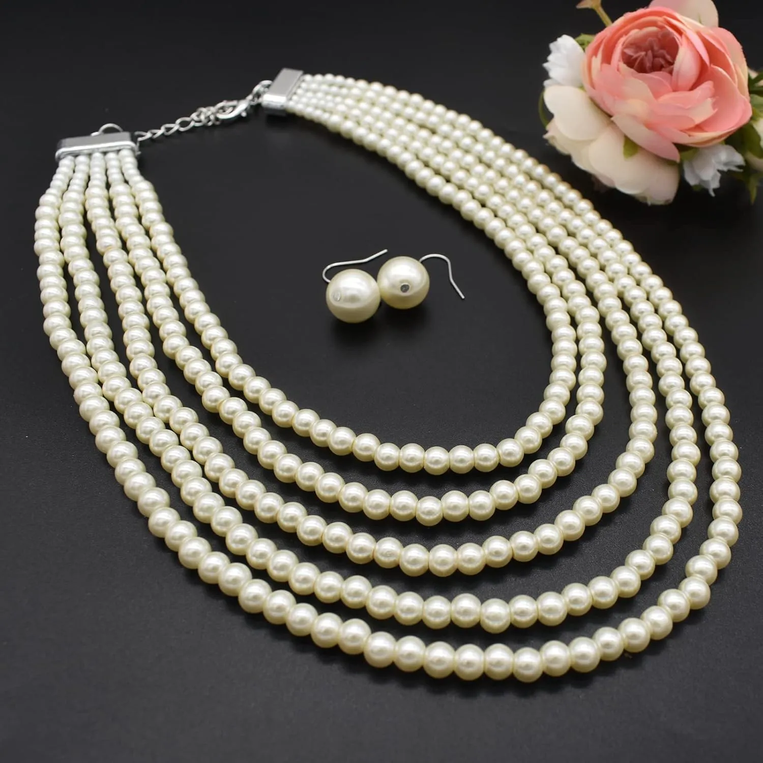 JNF Pearl Necklace for Women Crystal Rhinestone Pearl Choker Necklace and Earrings Set for Bridal Party Wedding Jewelry