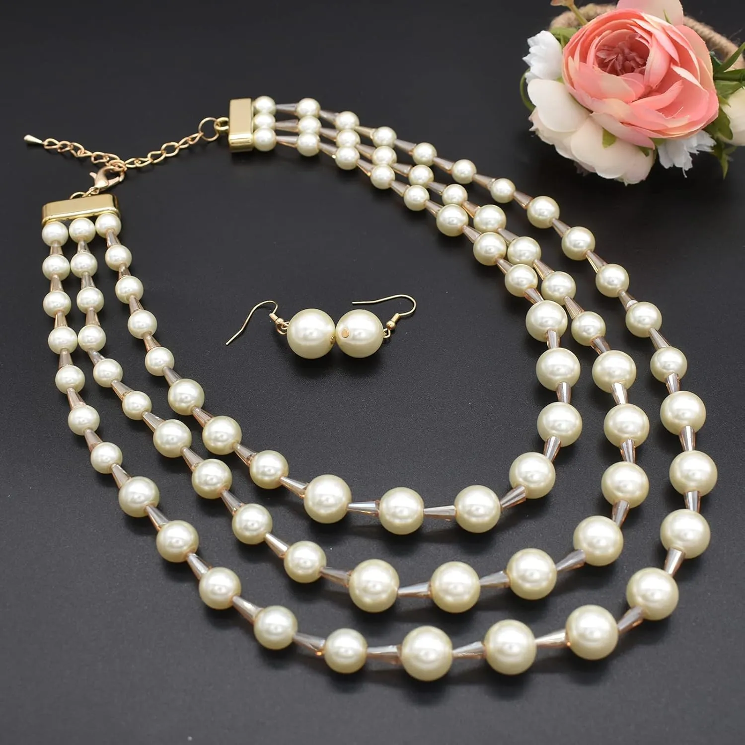 JNF Pearl Necklace for Women Crystal Rhinestone Pearl Choker Necklace and Earrings Set for Bridal Party Wedding Jewelry