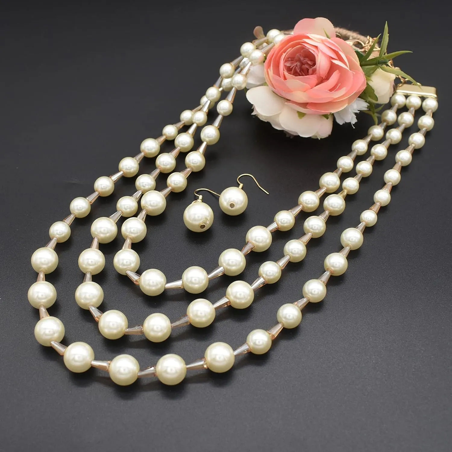 JNF Pearl Necklace for Women Crystal Rhinestone Pearl Choker Necklace and Earrings Set for Bridal Party Wedding Jewelry