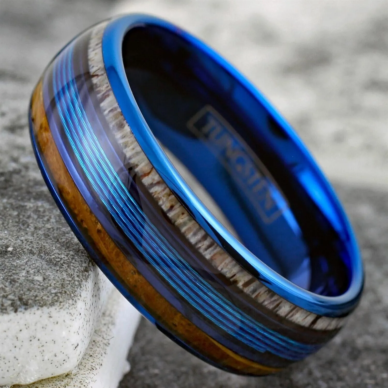 King's Cross Personalized Engraved 8mm Brilliant Blue Tungsten Carbide Low Dome Band Ring with Blue Fishing Line Between Whiskey Barrel Oak Wood and Deer Antler Inlays.
