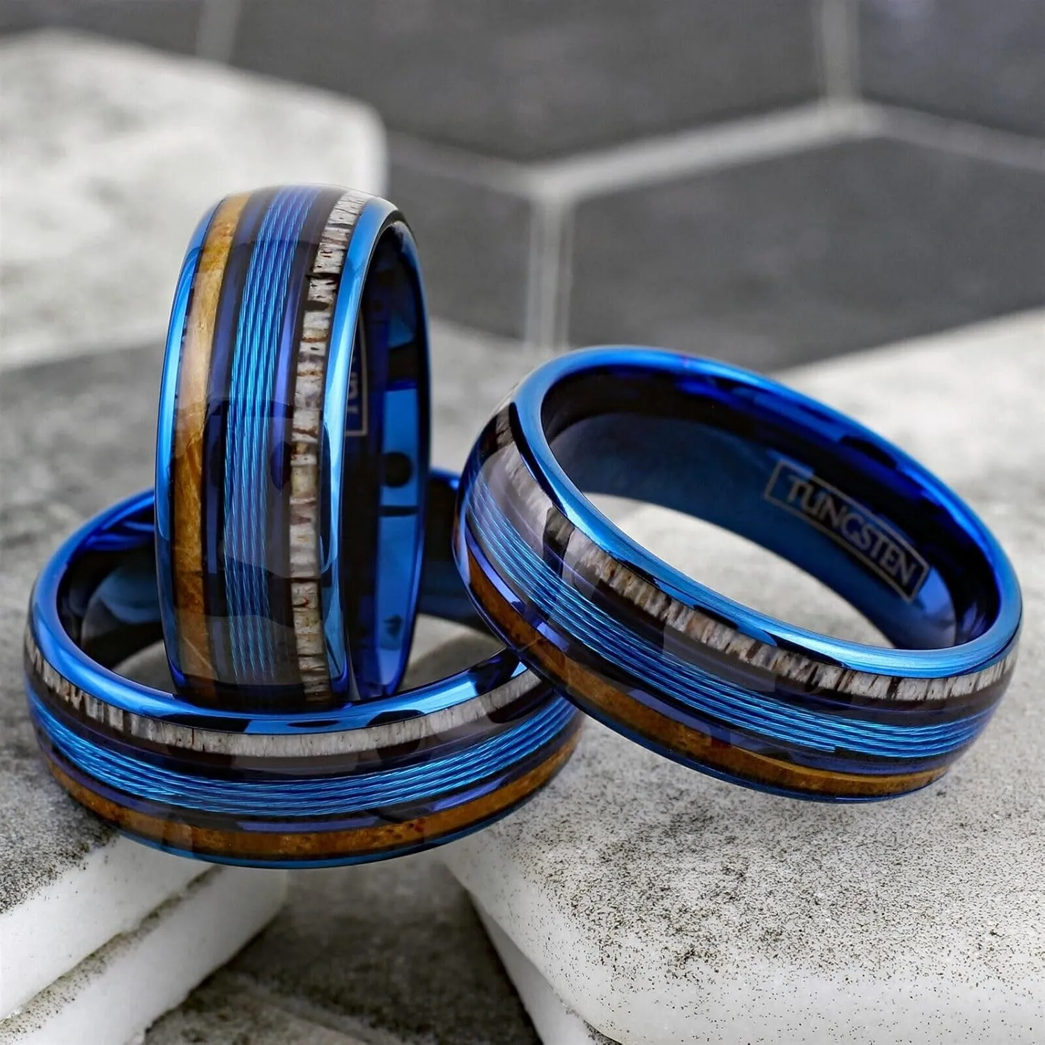 King's Cross Personalized Engraved 8mm Brilliant Blue Tungsten Carbide Low Dome Band Ring with Blue Fishing Line Between Whiskey Barrel Oak Wood and Deer Antler Inlays.