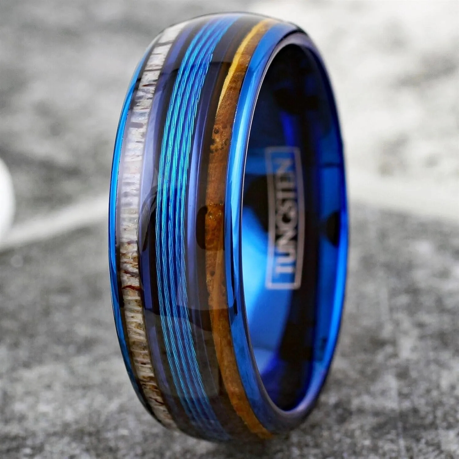 King's Cross Personalized Engraved 8mm Brilliant Blue Tungsten Carbide Low Dome Band Ring with Blue Fishing Line Between Whiskey Barrel Oak Wood and Deer Antler Inlays.