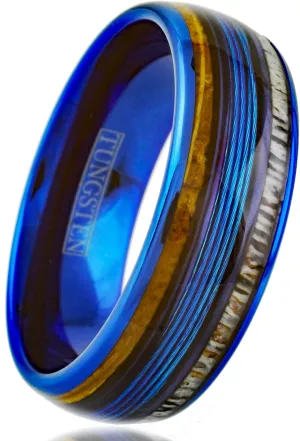 King's Cross Personalized Engraved 8mm Brilliant Blue Tungsten Carbide Low Dome Band Ring with Blue Fishing Line Between Whiskey Barrel Oak Wood and Deer Antler Inlays.