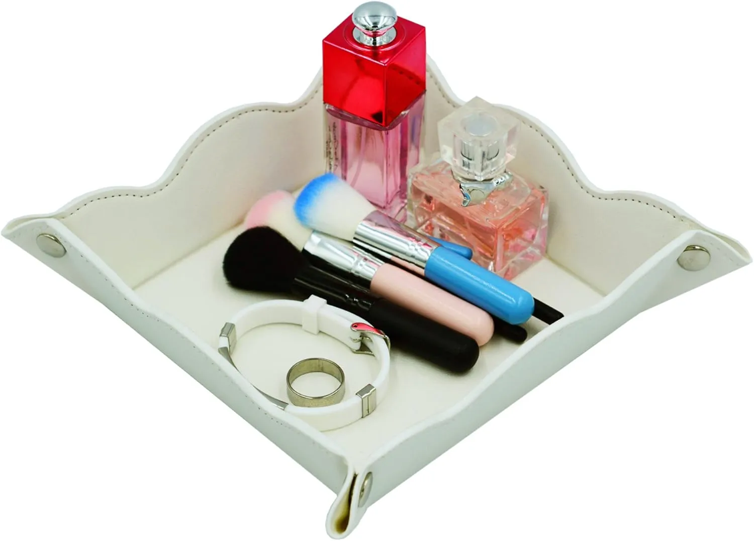 Leather Valet Tray for Women,Trinket Jewelry Cosmetic Organizer Catchall Tray for Desk Dresser Nightstand (Off-White)