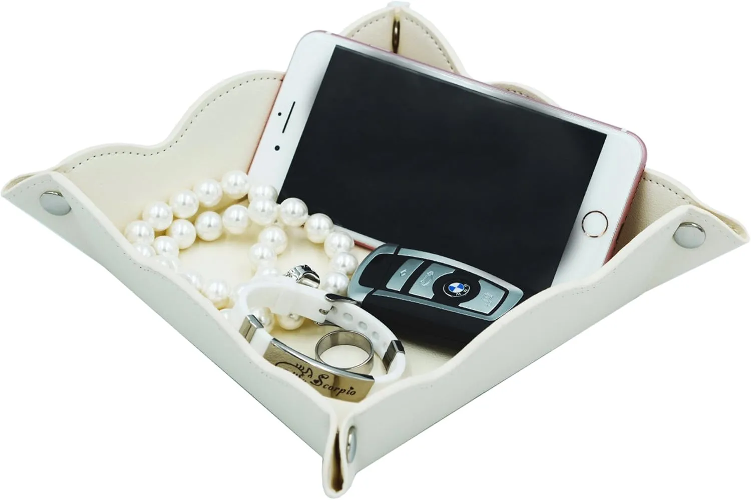 Leather Valet Tray for Women,Trinket Jewelry Cosmetic Organizer Catchall Tray for Desk Dresser Nightstand (Off-White)