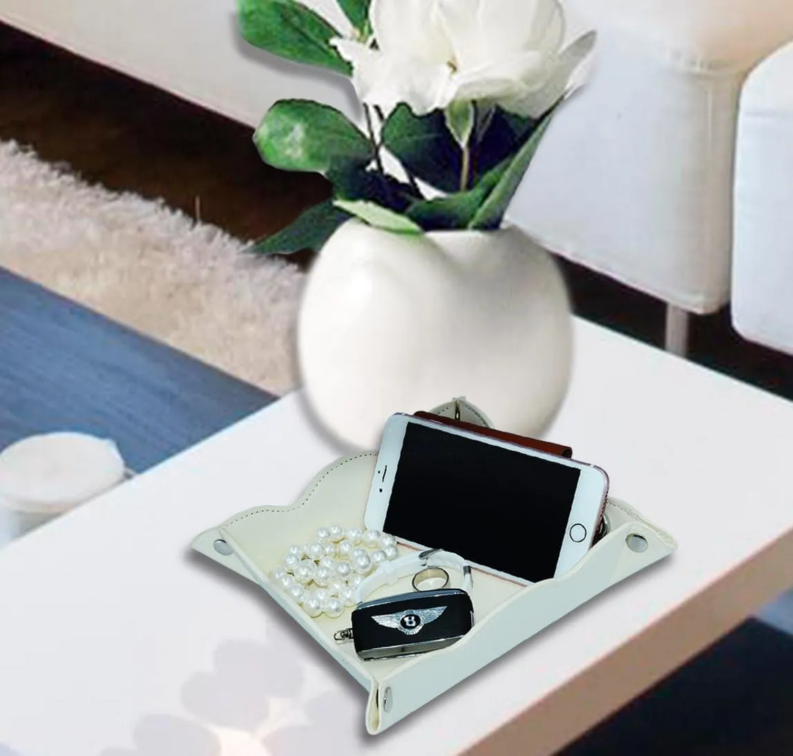 Leather Valet Tray for Women,Trinket Jewelry Cosmetic Organizer Catchall Tray for Desk Dresser Nightstand (Off-White)