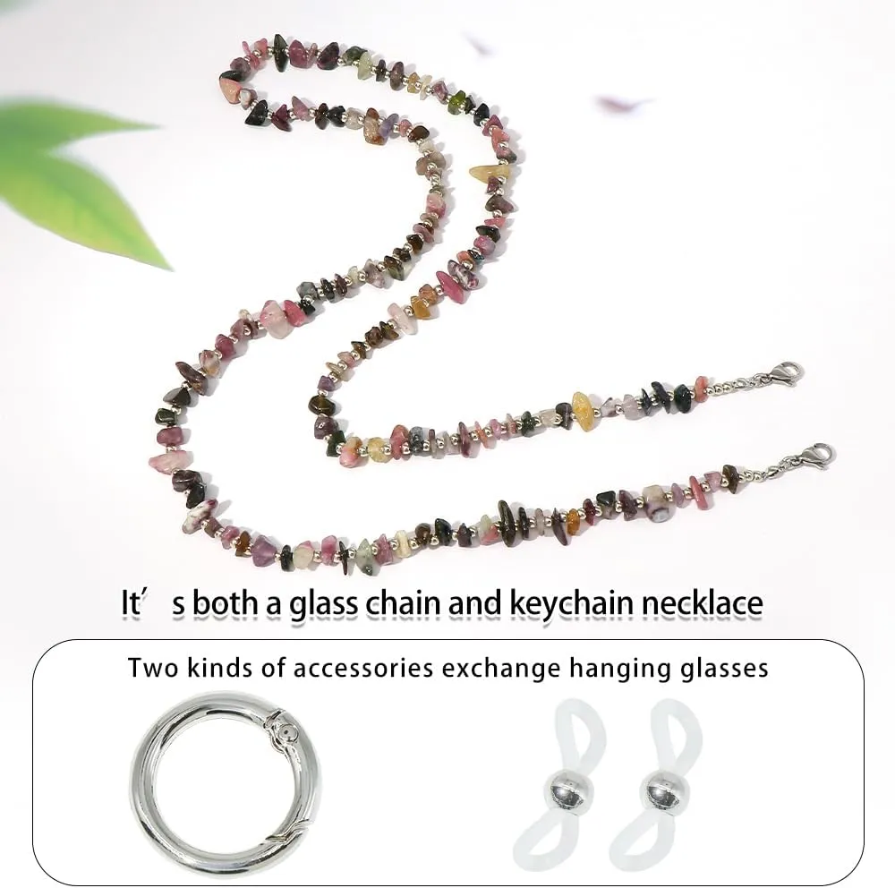LuReen Eyeglass Necklace Holder Chain Loop Ring Holder Strap for Women, Natural Stone Chip Beaded Eyeglass Chain Around Neck