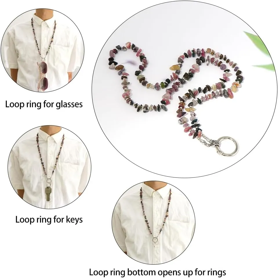 LuReen Eyeglass Necklace Holder Chain Loop Ring Holder Strap for Women, Natural Stone Chip Beaded Eyeglass Chain Around Neck
