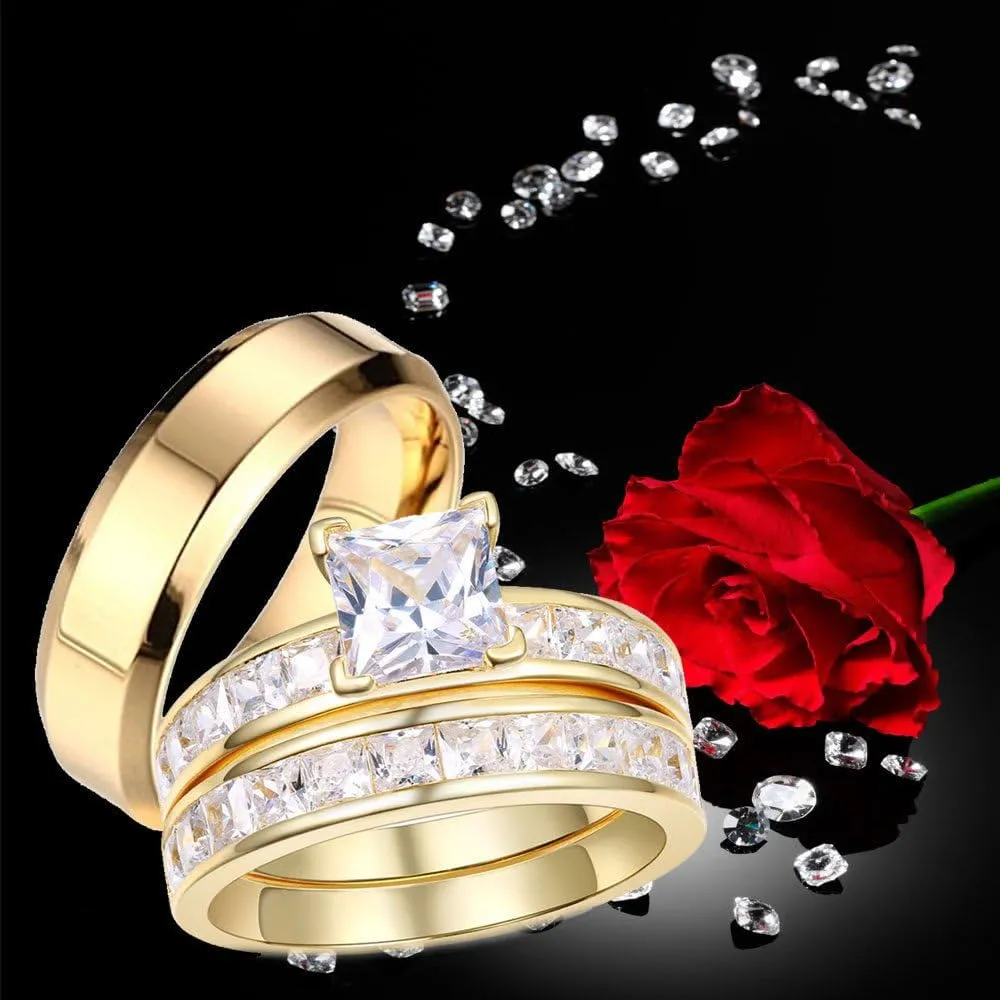 MABELLA Gold Plated Couples Ring Women Wedding Sets Sterling Silver Princess CZ Men Stainless Steel Bands