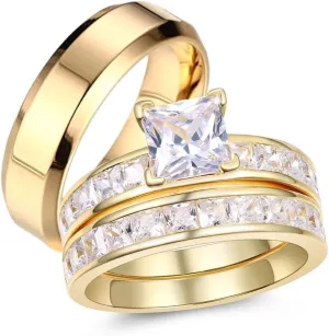 MABELLA Gold Plated Couples Ring Women Wedding Sets Sterling Silver Princess CZ Men Stainless Steel Bands